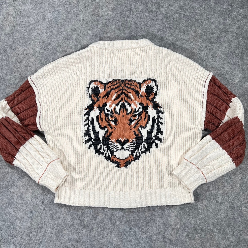 Anthropologie Pilcro Cardigan Womens XXS Cream Knit Tiger Zip Bomber Sweater